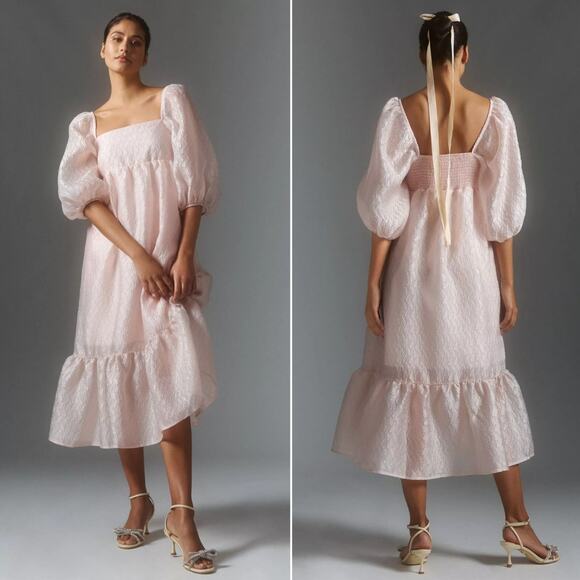 NEW Anthropologie Dress Pink Textured Puff-Sleeve Square Neck Midi Dress Size XL - Picture 1 of 10